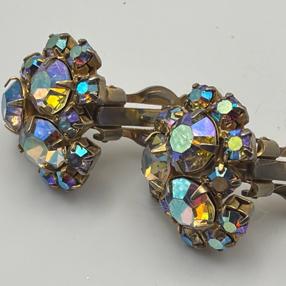 Vintage Austrian Crystal AB Cluster Clip On Earrings